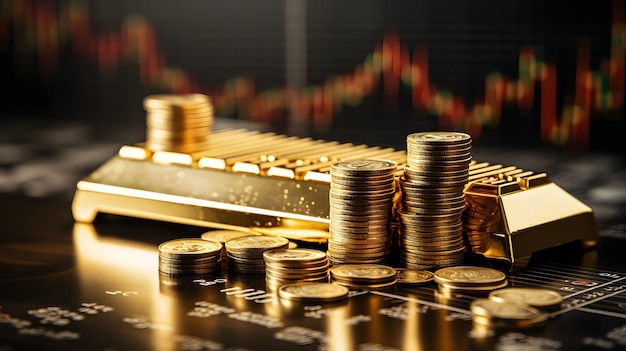 Barras de oro y pilas de monedas de oro Gráficos de comercio financiero Concepto de negocio de inversión financiera IA generativa