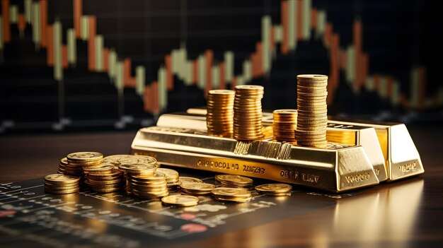 Barras de oro y pilas de monedas de oro Gráficos de comercio financiero Concepto de negocio de inversión financiera IA generativa