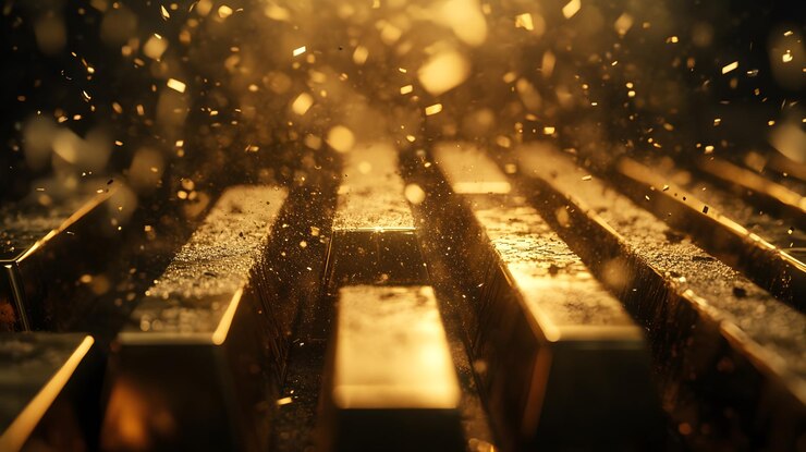 Barras de oro con polvo y luz