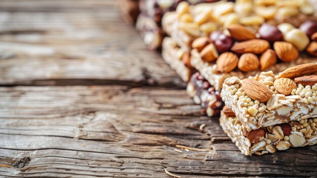 Foto barras de proteínas con nueces y semillas en una mesa de madera rústica