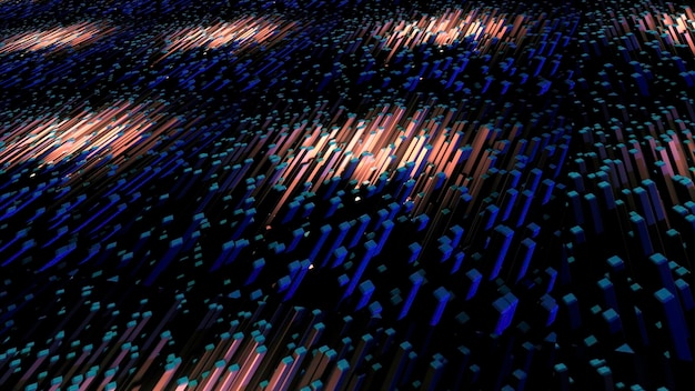 Barras volumétricas abstractas en una animación de fondo negro d segmentos azules y verdes con luz redonda
