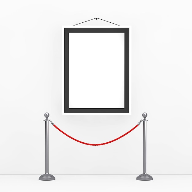 Barreira de corda de suporte de conceito de museu na frente do porta-retrato com espaço livre para seu projeto em um fundo branco renderização em 3d