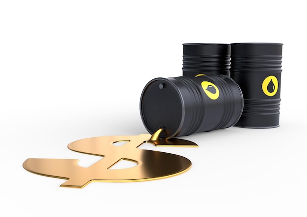 Barrel Öl verschüttet goldenes Dollarzeichen auf weißem Hintergrund Schwarzes Fass, aus dem Öl ausläuft 3D