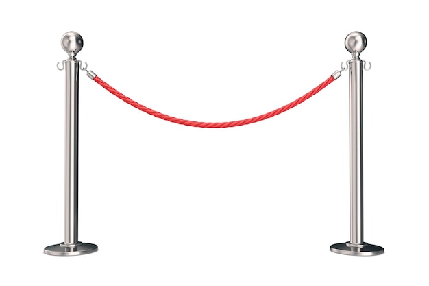 Barrera de plata con cuerda roja. Ilustración 3d aislado en blanco.