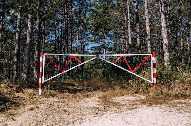 Barrera que prohíbe la entrada a un hermoso bosque de pinos en un área privada