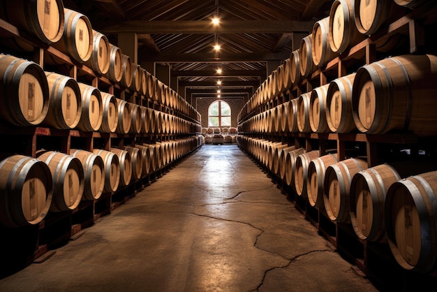 Barricas de madera de roble para vino en la bodega.