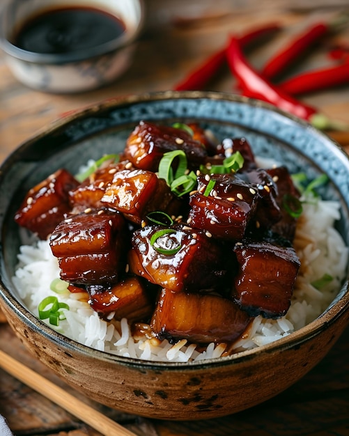 Barriga de porco chinesa assada com arroz