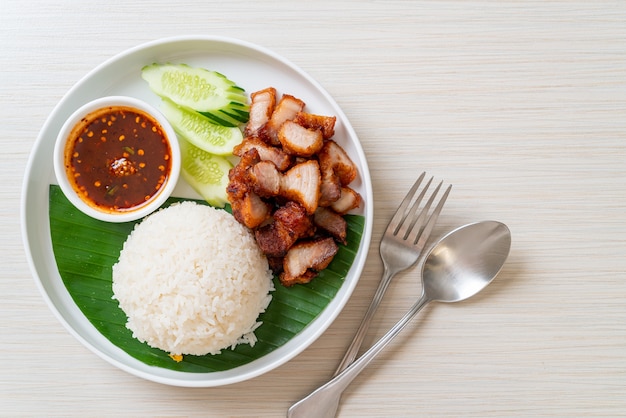 Barriga de porco frita com arroz com molho apimentado em estilo asiático