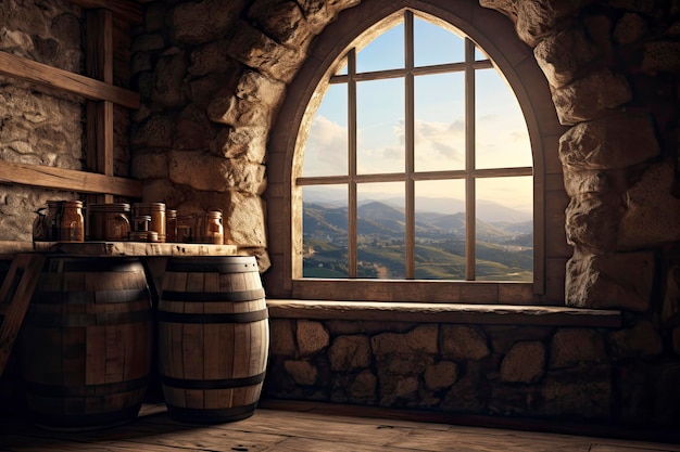 Barril en un antiguo castillo al lado de la ventana