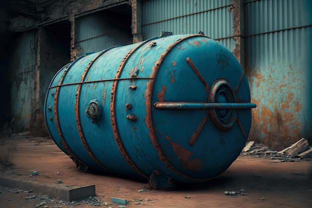 Barril azul grande con bordes oxidados en un sitio de construcción abandonado