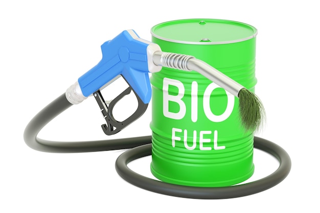 barril con biocombustible y boquilla de la bomba de gas renderización en 3D