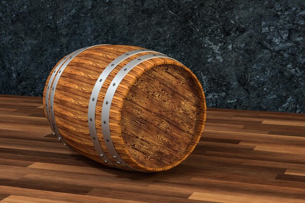 Foto barril de bodega de madera con renderizado 3d de fondo de óxido oscuro