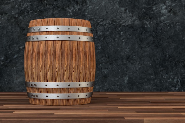 Foto barril de bodega de madera con renderizado 3d de fondo de óxido oscuro