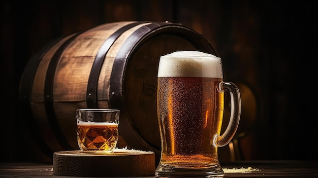 Un barril de cerveza junto a un vaso de cerveza.