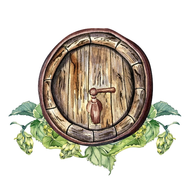 Barril de cerveza de madera e ilustración de acuarela de vid de lúpulo aislado sobre fondo blanco