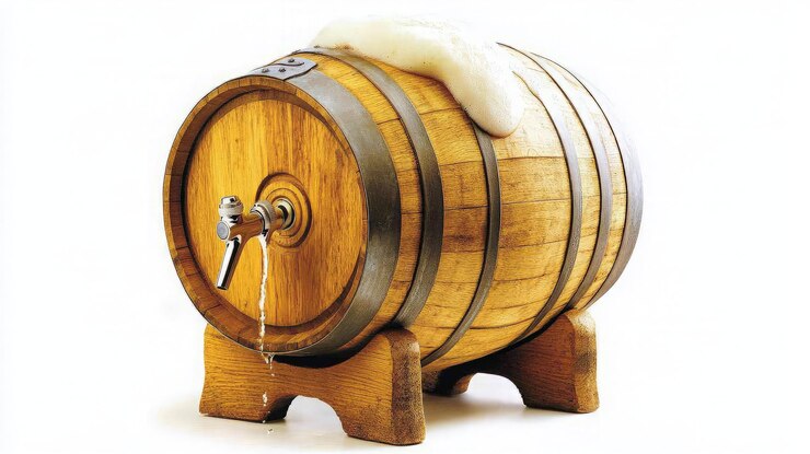 Barril de cerveza de madera con grifo y espuma