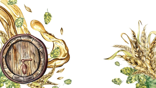 Barril de cerveza de madera y ilustración de acuarela de oreja de trigo de vid de lúpulo aislado en blanco