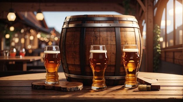 Foto barril de cerveza oktoberfest realista con vasos de cerveza en la mesa de madera