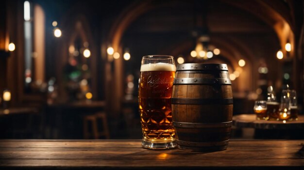 barril de cerveza Oktoberfest realista con vasos de cerveza en la mesa de madera