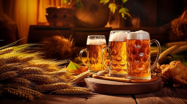 Barril de cerveza Oktoberfest y vasos de cerveza con trigo Generativo ai