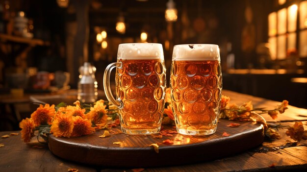 Barril de cerveja Oktoberfest com copos de cerveja na mesa de madeira