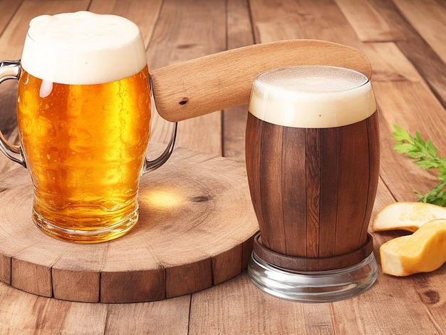 Barril de cerveja Oktoberfest e copos de cerveja com trigo e lúpulo em uma mesa de madeira gerada por IA