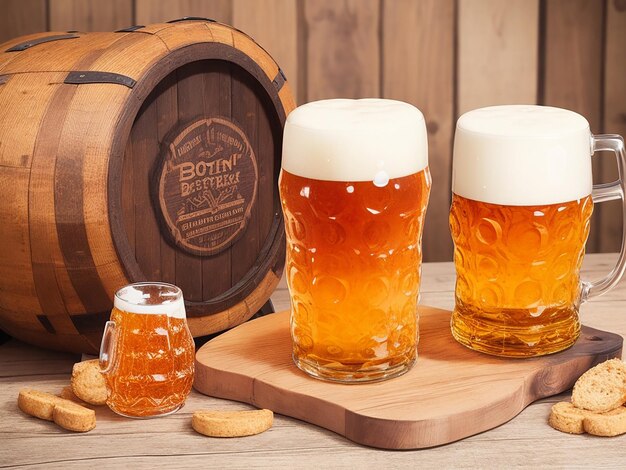Barril de cerveja Oktoberfest e copos de cerveja com trigo e lúpulo em uma mesa de madeira gerada por IA