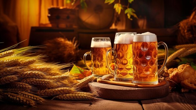 Barril de cerveja Oktoberfest e copos de cerveja com trigo Generative ai