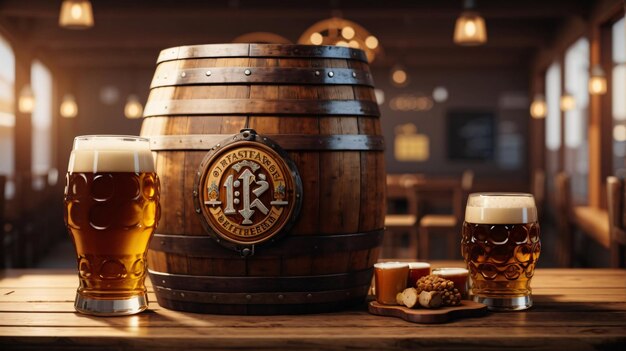 Foto barril de cerveja oktoberfest realista com copos de cerveja em mesa de madeira