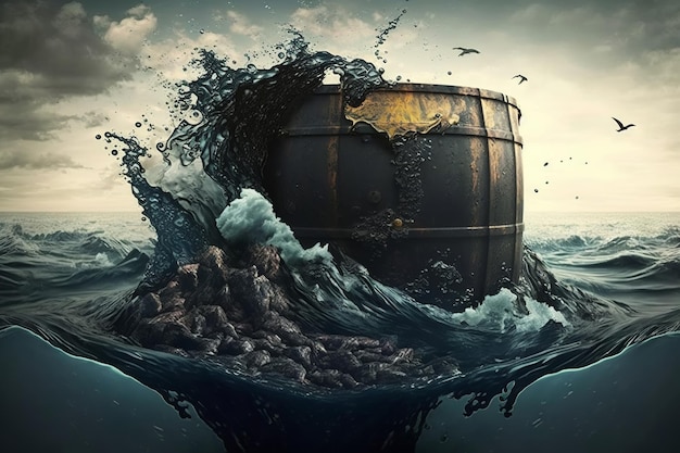 Barril de ferro sujo e enferrujado flutuando na água Poluição do oceano natureza eco desastre conceito de lixo Ilustração generativa de IA