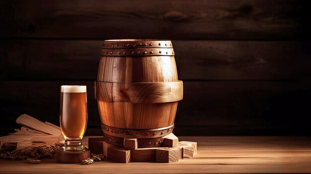 Foto barril de madeira e copo de cerveja em uma mesa de madeira ai gerada