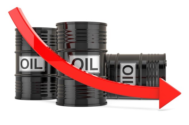 Barril de petróleo com flecha vermelha para baixo Preço de petróleo bruto caindo conceito renderização 3D