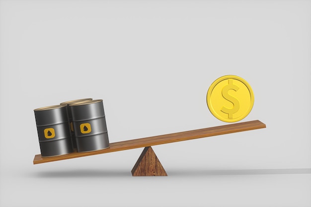 Foto barril de petróleo e dólar com fundo branco renderização em 3d