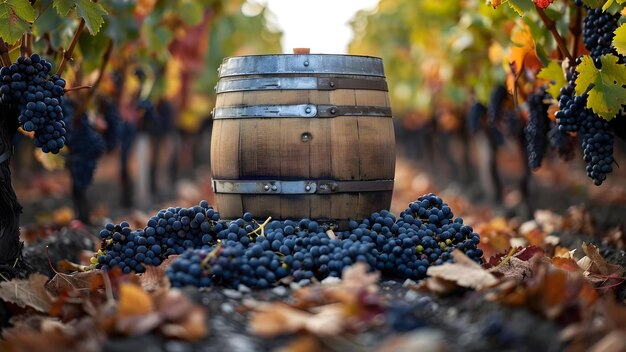 Foto barril de vinho vintage em vinha com videiras um conceito de imagem cativante barril de vinho vinha de videiras estética vintage imagem cativante