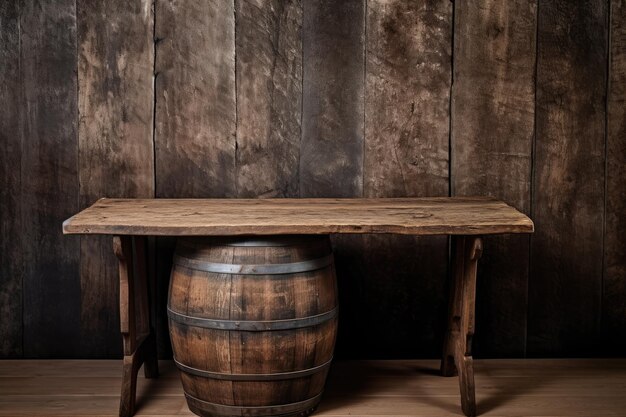 Barril de fondo y mesa de madera envejecida