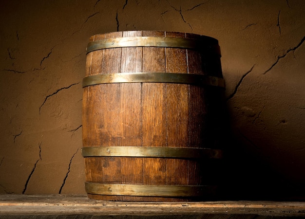 Foto barril de madera cerca de la pared de arcilla en el sótano