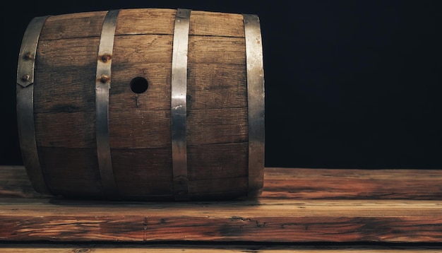 Un barril de madera en una vieja mesa de roble con fondo negro detrás