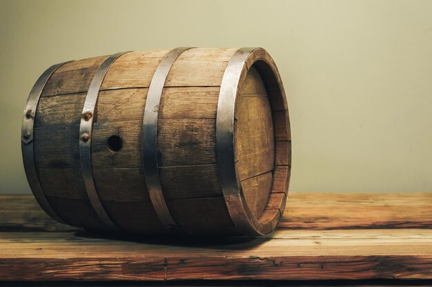 Un barril de madera en una vieja mesa de roble Con fondo verde detrás