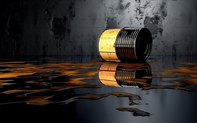 Foto barril de petróleo en un espacio oscuro con fondo de pared de hormigón y suelo de cemento reflectante