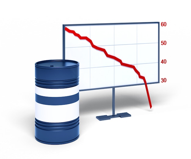 Barril de petróleo con gráfico de precio decreciente