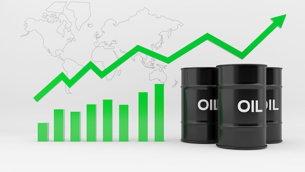 Barril de petróleo sobre fondo blanco con aumento del gráfico de precios de las acciones y mapa mundial