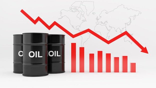 Barril de petróleo sobre fondo blanco con gráfico de precios de acciones a la baja y mapa mundial