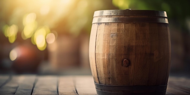 Barril de vino de madera delante de un fondo borroso