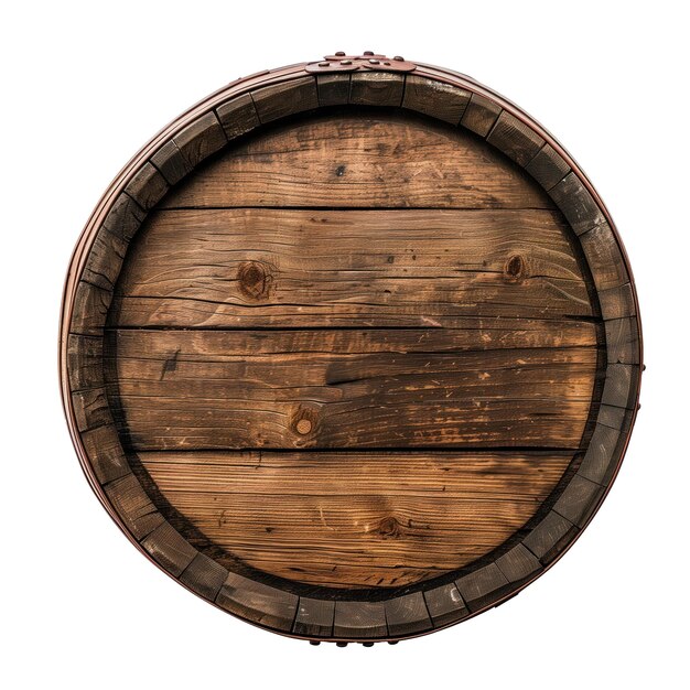 Barril de vino vista superior viejo barril de madera para almacenar vino de cerca aislado en un blanco o transparente