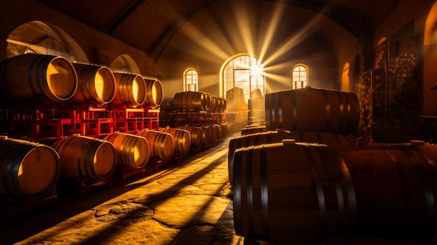 Barriles de alcohol iluminados por el sol en el granero de la viña Almacenamiento del viñedo y lugar de maduración del vino IA generativa