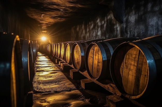 Barriles para almacenamiento de vino en una antigua bodega subterránea Concepto de bodegas