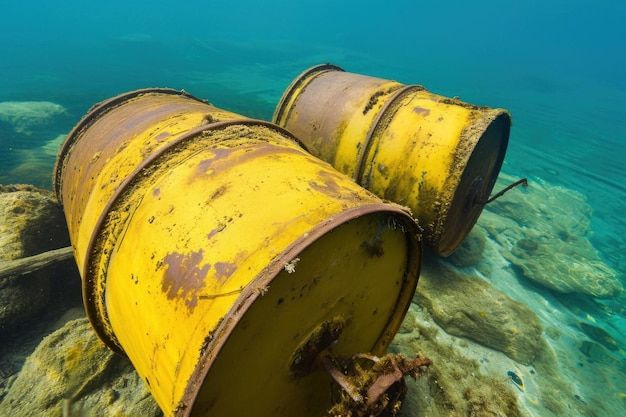 Los barriles amarillos oxidados son peligrosos con desechos tóxicos alineados en el fondo del océano haciendo que te preguntes sobre la contaminación marina y las consecuencias ambientales