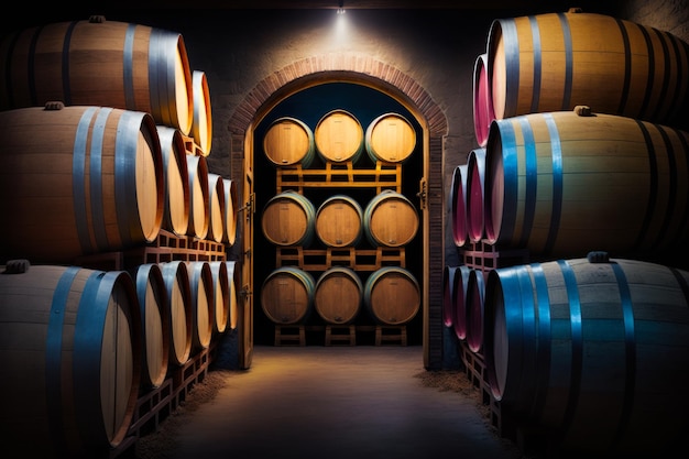 Barriles en bodega con luz que entra por la puerta IA generativa