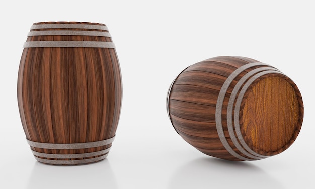 Barriles de madera para la fermentación del vino Hay una banda de metal para apretar el cuerpo en el suelo y un papel tapiz blanco Rendering 3D