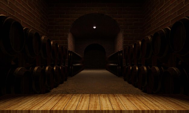 Barriles de madera para la fermentación del vino Sala para el almacenamiento de múltiples tanques de fermentación de vino La pared de ladrillo es naranja Rendering 3D